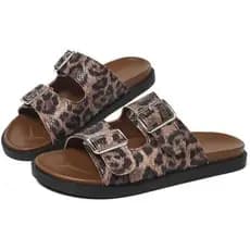 Sandálias Femininas Com Estampa De Leopardo , Chinelos Planos Fivela Dupla Ajustável E Palmilha Confortável , Sapatos De