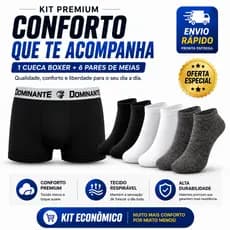 Conjunto Cueca Boxer Microfibra Dominante + 6 Pares Meias Soquete Cano Baixo Confortável Masculina