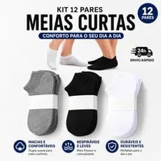 Conjunto 12 Pares Meias Soquete Cano Curto Algodão Premium Feminina Unissex Tam 35 ao 40