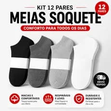Conjunto 12 Pares Meias Soquete Premium Algodão Cano Curto Masculina Feminina Unissex
