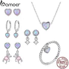 Bamoer Brincos, Anéis e Colares de Prata 925 com Pedra Opala Translúcida Simples, Joias de Moda, Presente para Mulheres