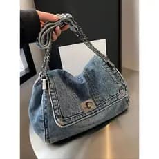 Bolsa de Ombro de Denim com Corrente, Novo Estilo 2025, Bolsa Transversal Casual Versátil para Mulheres, Bolsa de Moda p