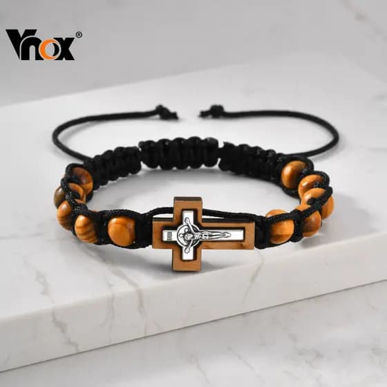 Pulseira de Contas de Madeira Marrom com Cruz de Jesus Vnox, Rosário Ajustável, Joia Religiosa AACR