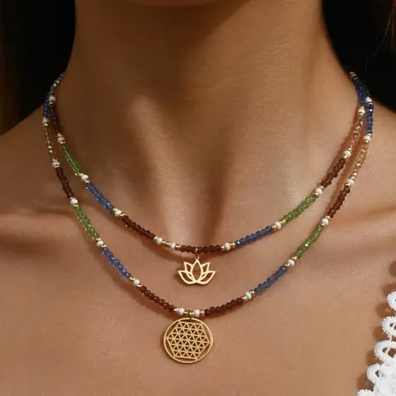 Conjunto de Colar Feminino Estilo Boêmio de Duas Peças, com Pingente de Lótus e Contas de Cristal Sintético, YVAD