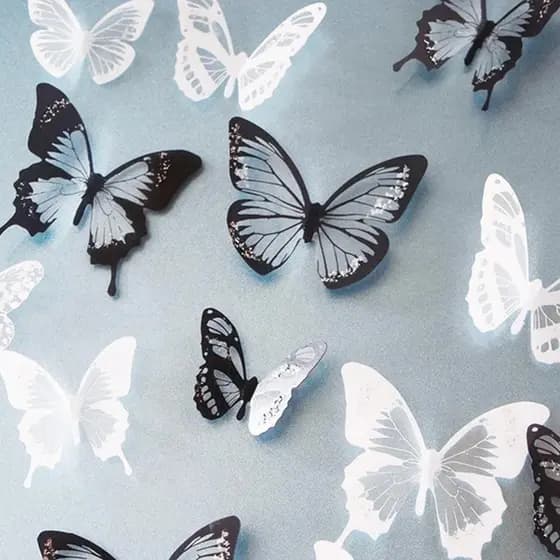 18 Peças de Adesivos de Parede com Padrão Preto e Branco Imitando Borboletas de Cristal 3D, Lindas Borboletas para Decor