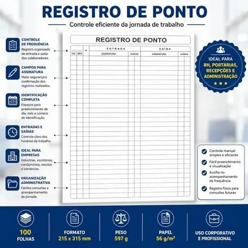 Livro Controle Ponto Trabalho Registro Frequencia Folhas Escritório Gestão Funcionario