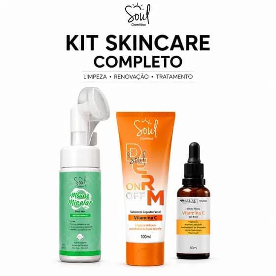 Kit Skincare Facial Completo Mousse Micelar Soul Skin Derm On Off Vitamina C Sérum Facial Limpeza Renovação e Hidratação