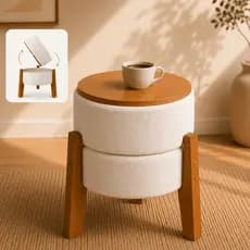 Puff Moderno 2 em 1 - Assento ou Mesa de Apoio - Tecido Boucle Pés em Madeira Maciça Banqueta Multiuso Puff Mesinha