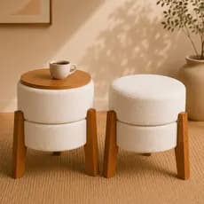 Kit 2 Puffs Mesinha Tecido Bouclé Luxo Assento ou Mesa de Apoio com Tampo Banquetas Decorativas
