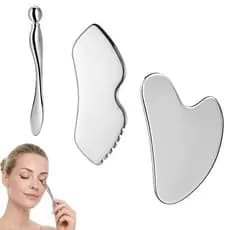 3 Peças de Ferramentas Faciais Gua Sha em Aço Inoxidável e Aplicador de Creme para Olhos, Conjunto de Guasha de Metal pa