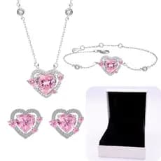 Prata PS925 |                 Colar feminino em formato de coração rosa |                 Brincos |                 Puls