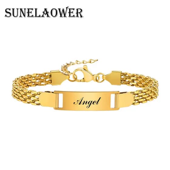 Pulseira Personalizada com Nomes de Mãe e Filha, Material em Aço Inoxidável Dourado, com Pulseira de Malha, Presente de 