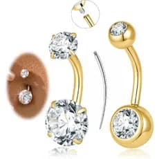 Piercing de Umbigo Dourado e Prateado, 14G, Piercing de Umbigo Hipoalergênico em Aço Cirúrgico para Mulheres e Homens, A