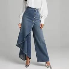 Calças Slim Fit de Comprimento Longo, Cor Sólida, Estilo Casual, Imitação de Jeans, Com Botões e Estampas 4Y5E