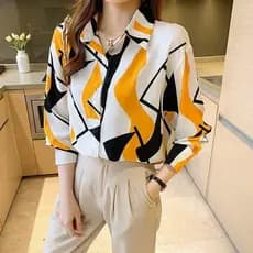 Blusa Feminina Plus Size S-4XL Estampada Estilo Coreano Manga Longa para Escritório Camisa Polo Blusa de Chiffon D LSKT