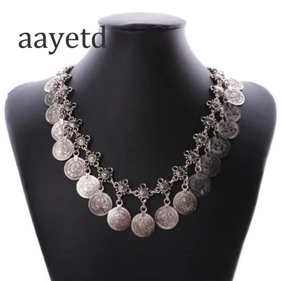 Colar Feminino Aayetd Estilo Cigano Boêmio com Moedas de Prata Antigas, Joia Étnica Indiana Vintage S9J2