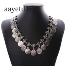 Colar Feminino Aayetd Estilo Cigano Boêmio com Moedas de Prata Antigas, Joia Étnica Indiana Vintage S9J2