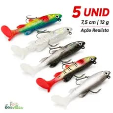 Kit 5 Iscas Artificiais Macias 7,5cm 12g com Anzol Duplo Pesca Robalo Black Bass Tucunaré Traíra