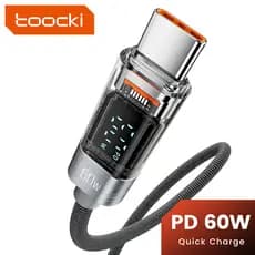 Cabo de Dados para Celular Toocki PD60W com Display Digital Transparente, Cabo de Carregamento Rápido C-C, Compatível co