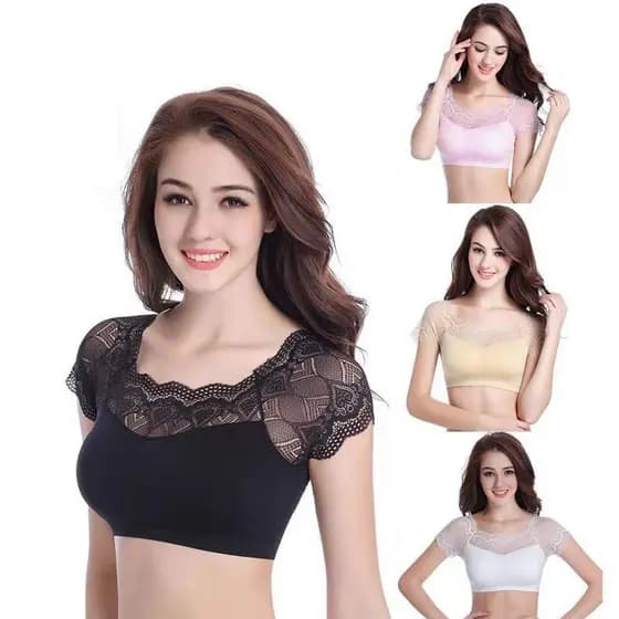 Saia suspensa camisa de fundo interno feminina renda manga curta com gaze acolchoada no peito gola falsa meia @-