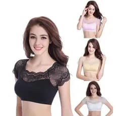 Saia suspensa camisa de fundo interno feminina renda manga curta com gaze acolchoada no peito gola falsa meia @-
