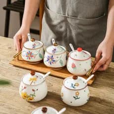 Jarra de La banha doméstica, resistente a altas temperaturas, óleo cerâmico, porcelana, com colher, óleo de pimenta, coz