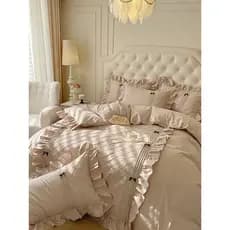 Conjunto de quatro peças com laço de menina francesa, algodão puro, renda, xadrez, capa de edredom, saia de cama de algo