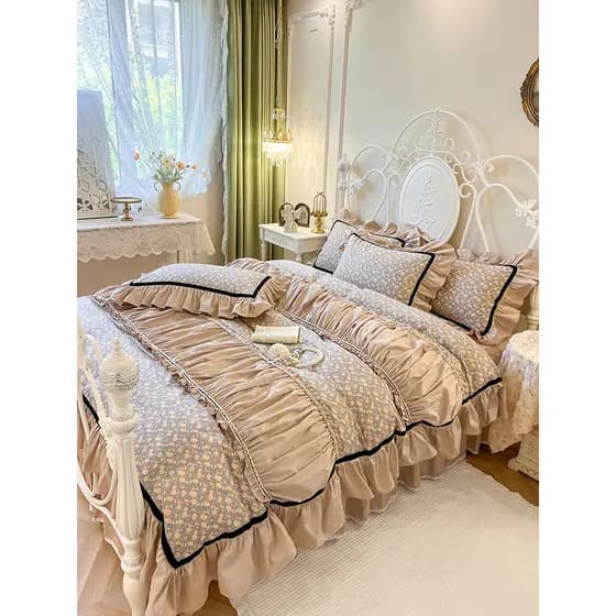 Francês Retro Floral puro algodão conjunto de quatro peças princesa folha de lótus renda colcha capa de algodão saia de