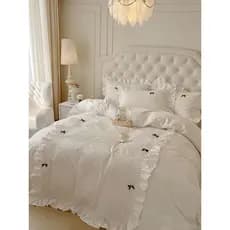 Conjunto de quatro peças com laço para meninas francesas, algodão puro, renda, capa de edredom, saia de cama de algodão,