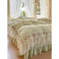 Cama de algodão lavado verde estilo coreano conjunto de quatro peças 100 algodão puro estilo princesa renda colcha capa
