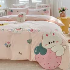 Bonito menina puro algodão lavado conjunto de quatro peças lençol de algodão cama das crianças coelho estilo princesa co