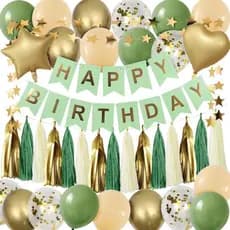 Sage Green Birthday Decorations for Women, HAPPY BIRTHDAY Banner, Stars Garland, Paper Tassels, Heart Star Balloon, Gold