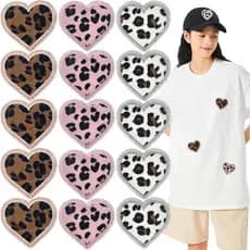 15 Patches Termocolantes em Forma de Coração com Estampa de Leopardo, Apliques Bordados Fofos para Costurar, Simples e E