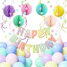Decorações de Festa de Aniversário em Tons Pastel, Faixa de Feliz Aniversário com Balões em Tons Pastel, Bolas de Papel