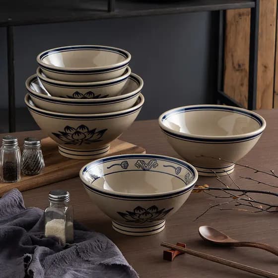 Tigela grande de ramen retrô pintada à mão Tigela de ramen antiga Guanzhong grande de cerâmica Tigela de macarrão