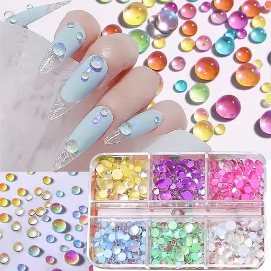 6 Cores de Pérolas Aurora Sereia para Unhas, Pérolas 3D com Base Plana, Strass Sereia para Decoração de Unhas, Unhas de