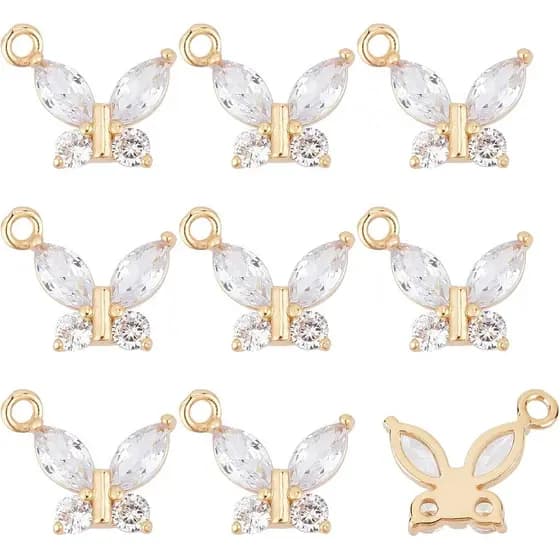 BENECREAT 10 Peças de Pingentes de Borboleta Dupla em Zircônia Cúbica, Latão Banhado a Ouro 14K, Micro Pavê de Zircônia