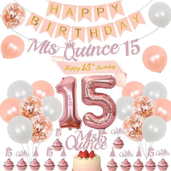 Decorações de Aniversário de 15 Anos para Meninas em Rosa Dourado, Faixa "Mis Quince 15", Topper para Bolo, Decoração de