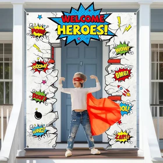 Decorações de Banner para Festa de Super-Heróis Temáticos, Decoração de Aniversário 'Bem-vindos, Heróis', Banner de Port