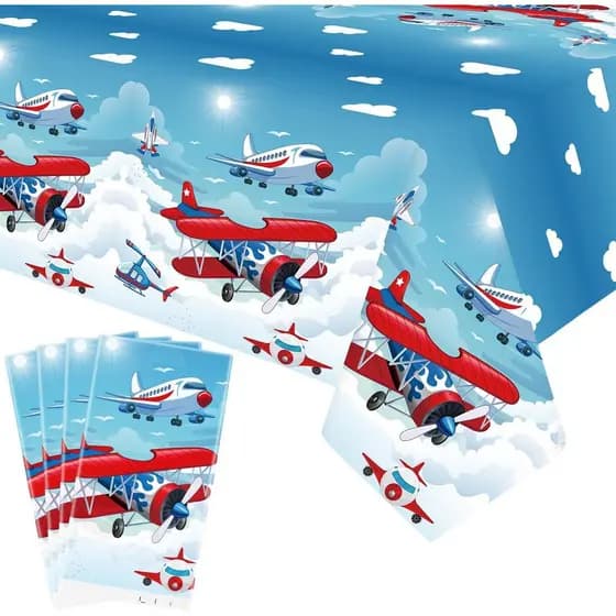 Pacote com 4 Toalhas de Mesa com Tema de Avião - Decoração para Festa com Tema de Avião, Suprimentos para Chá de Bebê, D