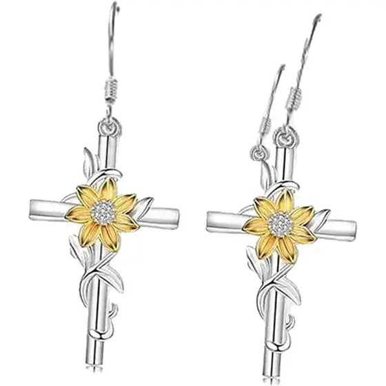Brincos de Girassol, Brincos Pendentes em Forma de Cruz com Detalhes de Cristal, Presentes de Joias Florais para o Dia d
