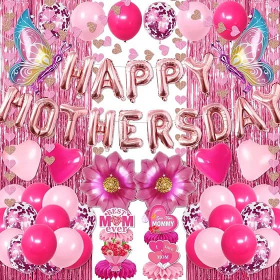 Decorações para o Dia das Mães, 63 peças de balões "Feliz Dia das Mães" e balões em formato de coração com flores, corti