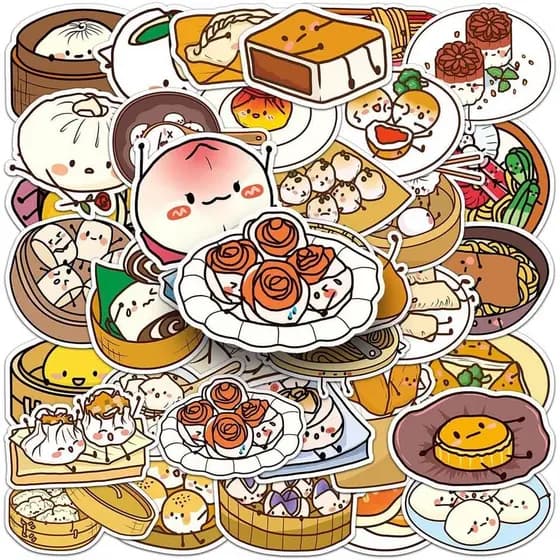 Adesivos de Comida Chinesa - 50 Peças de Decalques de Vinil Impermeáveis para Macarrão, Pães e Bolinhos |   Adesivo Remo