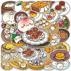 Adesivos de Comida Chinesa - 50 Peças de Decalques de Vinil Impermeáveis para Macarrão, Pães e Bolinhos |   Adesivo Remo
