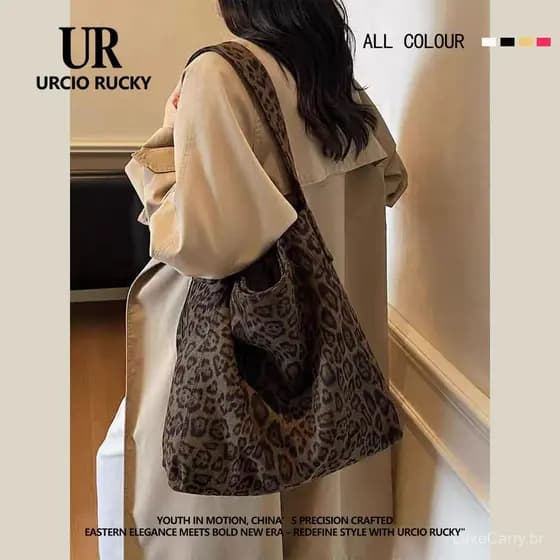 Bolsa de Lona com Estampa de Leopardo para Mulheres UR, Novo Modelo Outono/Inverno 2026, Bolsa de Ombro de Grande Capaci