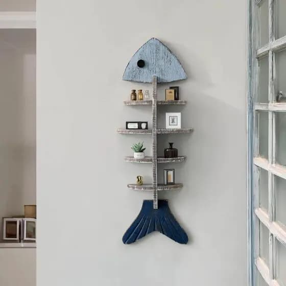 Estilo mediterrâneo decoração prateleira peixe esqueleto-em forma de prateleira de madeira partição criativo nicho pared