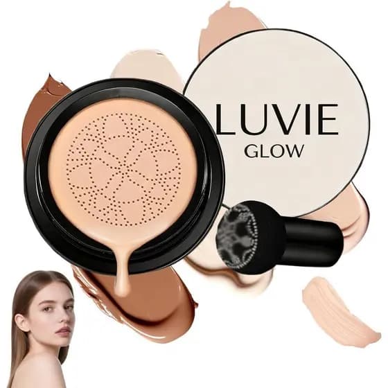 Base cushion LuvieGlow, base CC com aplicador em formato de cogumelo, oferece cobertura total para um visual de maquiage