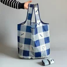 Exportado para o pedido final do Japão!Xadrez azul grande, leve, ecologicamente correto, portátil, dobrável, sacola de c