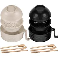 Dois conjuntos de tigelas para macarrão que podem ser usadas no micro-ondas, com alças, incluindo tigelas, colheres, has