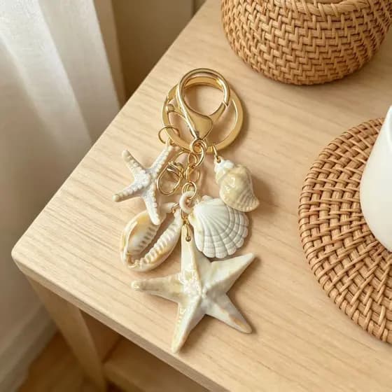 Criativo único férias à beira-mar concha de plástico concha estrela do mar chaveiro saco corrente decoração pingente